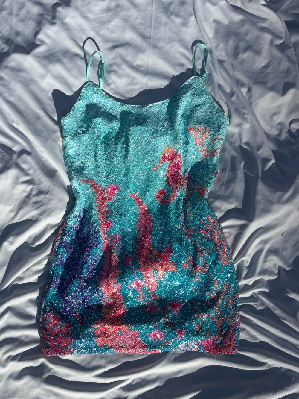 Aquamarine sequin spaghetti strap mini dress